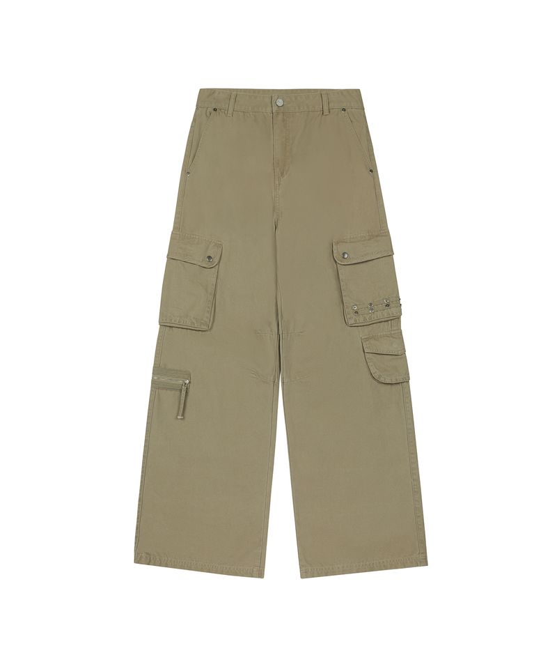 Multi Pocket Eyelet Wide Cotton Pants - BEIGE
