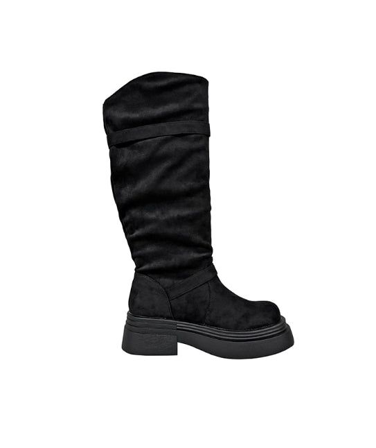 Double Buckle Suede Platform Sole Long Boots