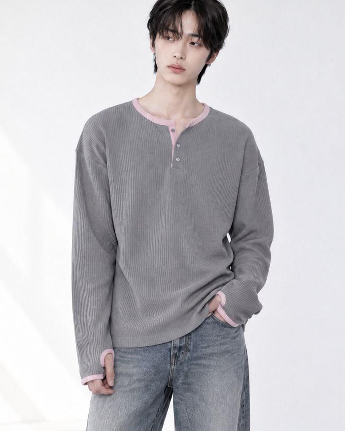 (UNISEX) ヘンリーネック ワッフル ウォーマー ティー