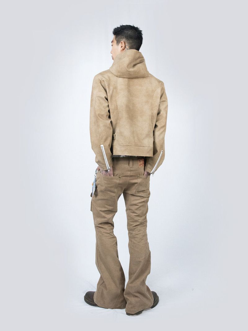 Curved Hood Leather Jacket (Beige)