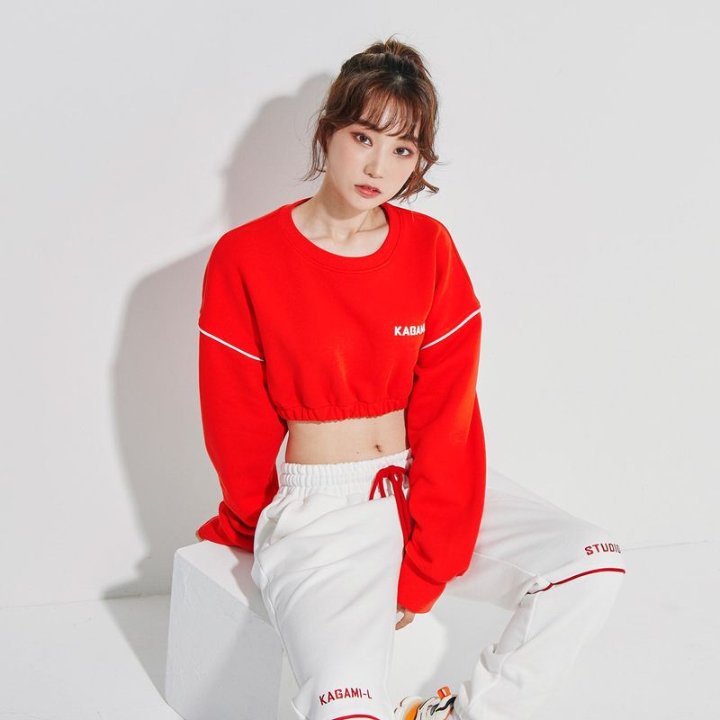 Oversize Line Point Crop Sweat shirt Red