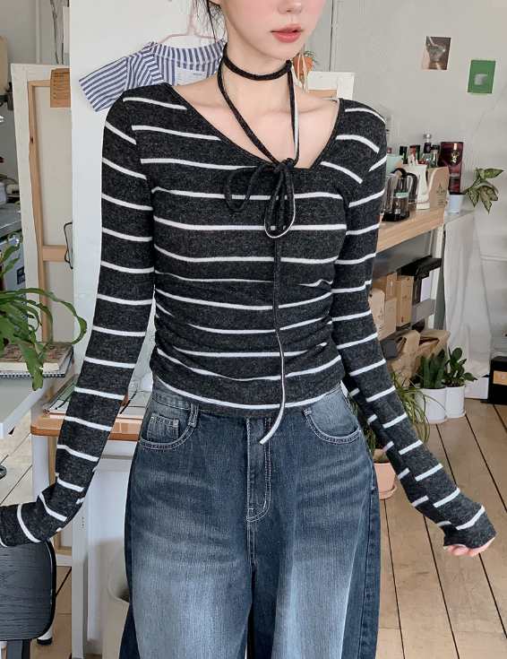 #Border Tie Point Slim Long Sleeve T-shirt (2color)