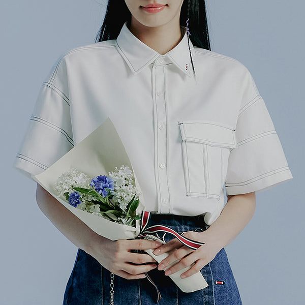 ROMANTIC CROWN(ロマンティッククラウン)の「FRONT POCKET WORK SHIRT_WHITE(Tops)」
