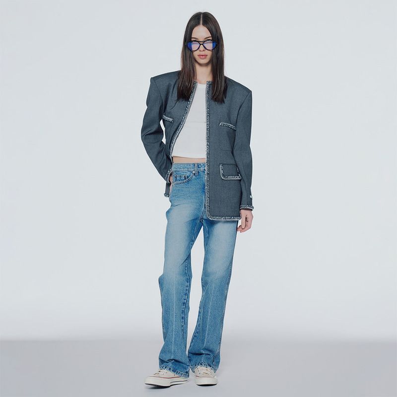 Collarless wool-blend tweed jacket