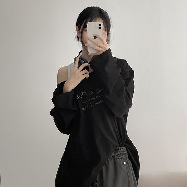 オフショルダー ロングスリーブ エディション レタリング Tシャツ (3 colors)