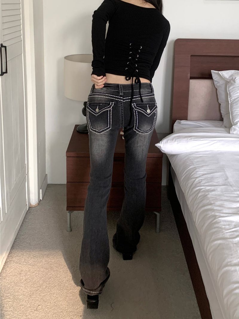 Back Pocket Contrast Stitch Gradient Low-Rise Bootcut Pants