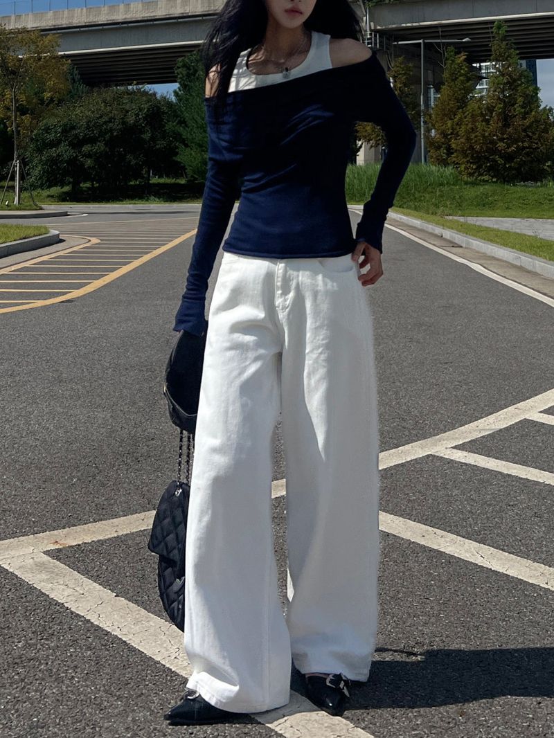 Y2K Back Point X Strap Bijo Wide Loose Fit Denim Long Pants (White)