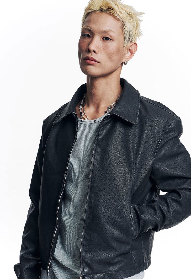 Washed Leather Crop Jacket - Black