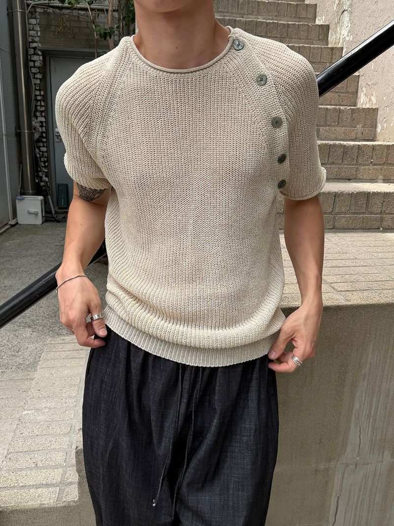 Linen side button half knit(3color)