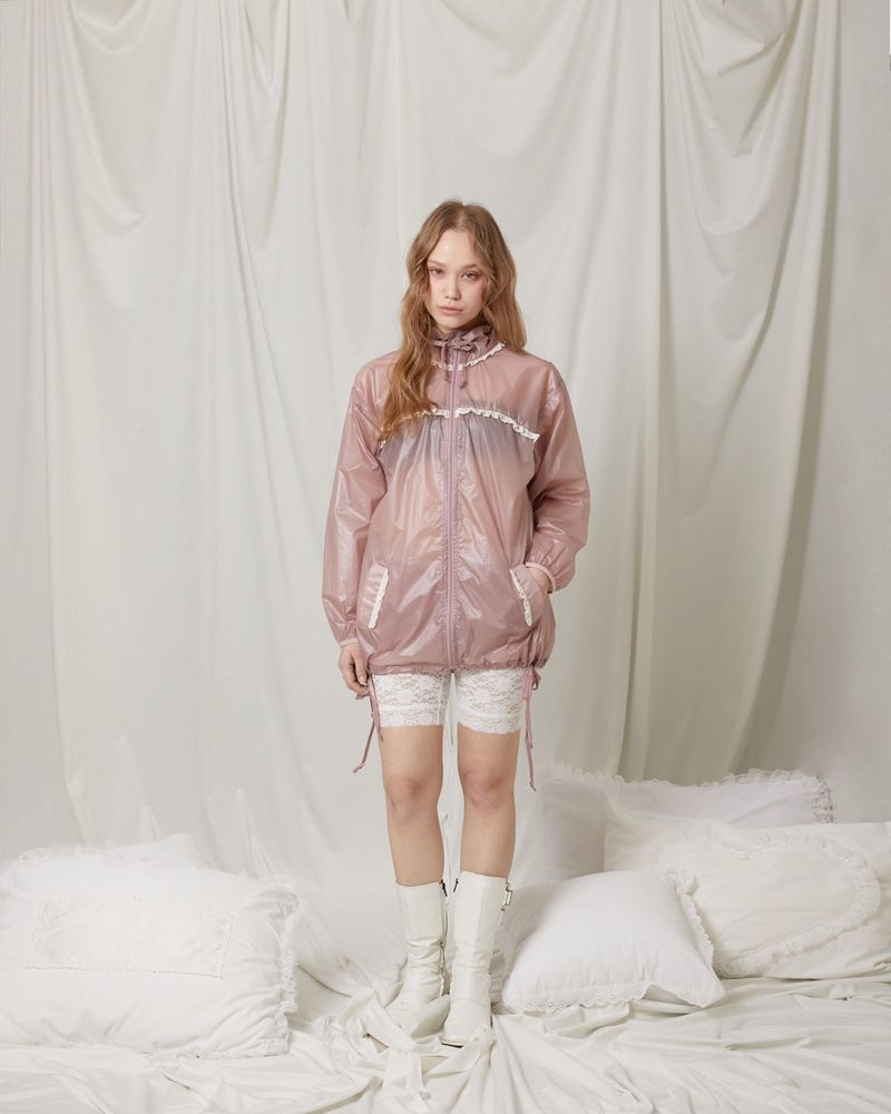 Sheer ruffle jacket / glossy pink