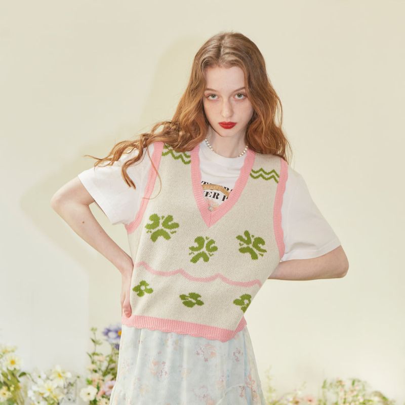 Flower Pattern Merino Wool Knit Vest (Yellow Green)