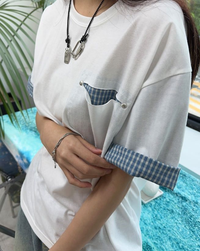 Seren check roll-up short-sleeve tee