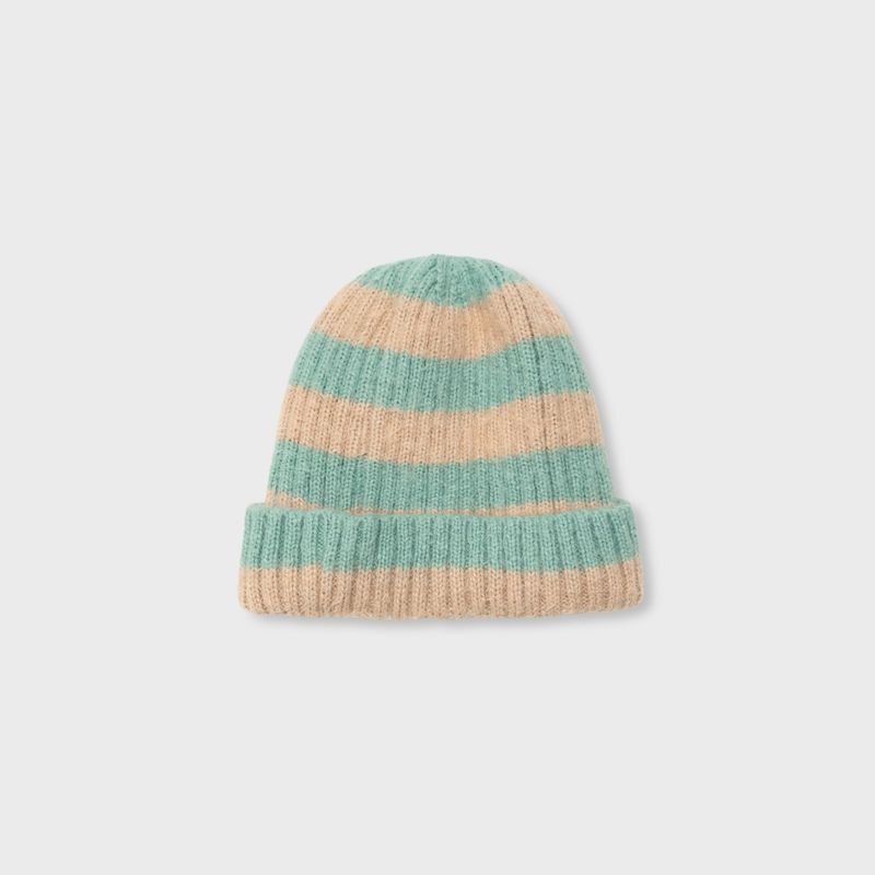 FURRY LOGO BEANIE, BEIGE+MINT STRIPE