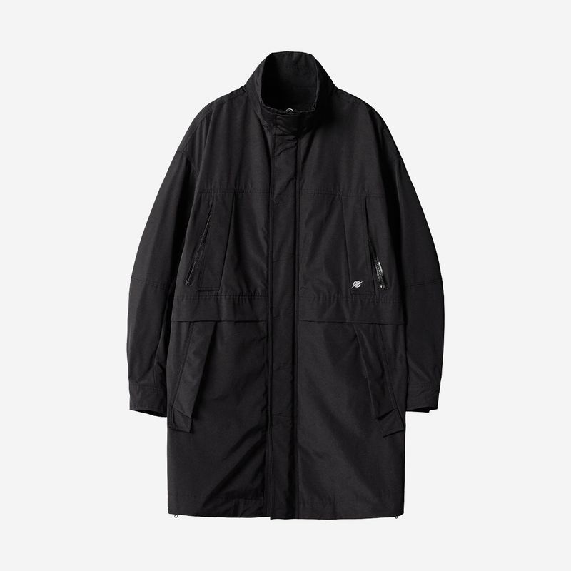 Poly Cotton RIB Double Placket Long-Jacket - BLACK