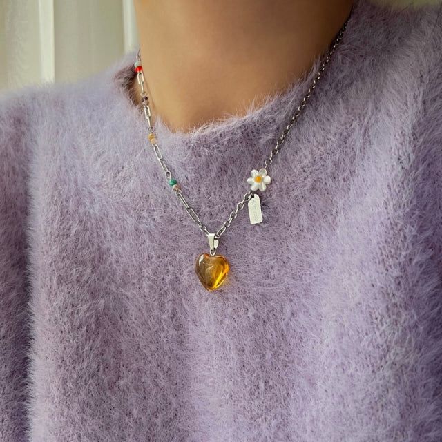 ely Yellow Orange Heart Flower Beads Hip Handmade Necklace