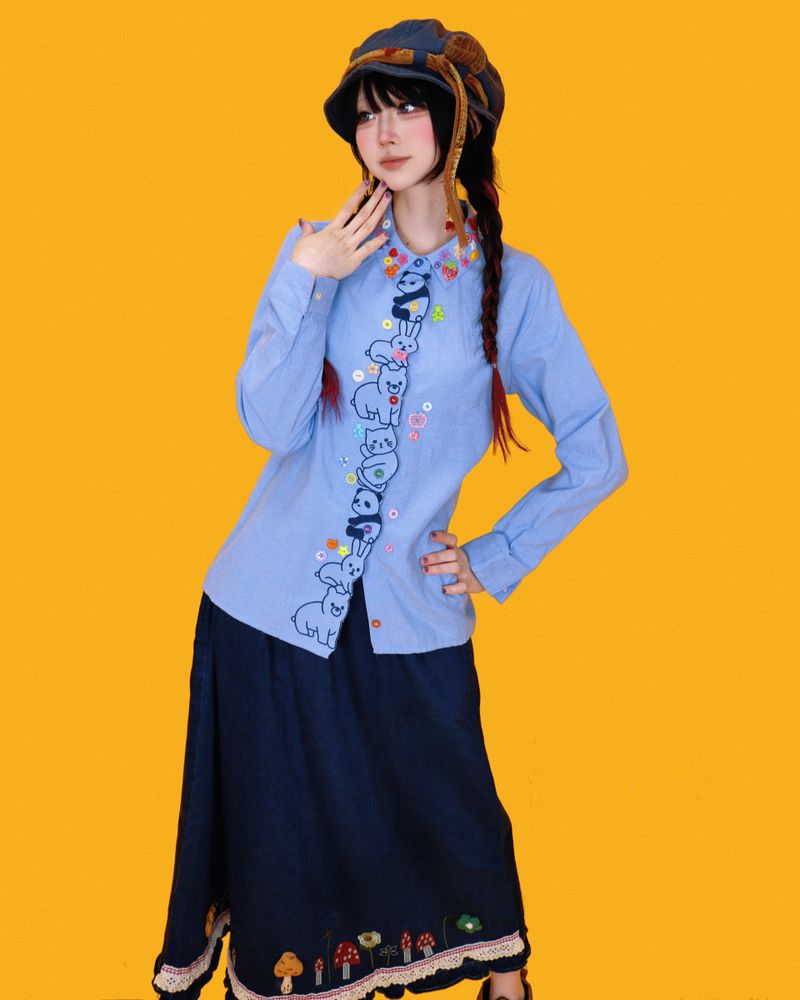 mushroom denim long skirt (2color)