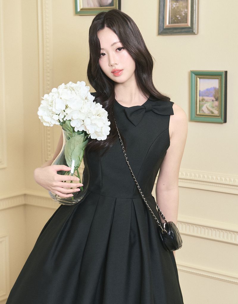 [LADY LINE] オフィーリアリボンポイントスリーブレスミディバルーンドレス ブラック