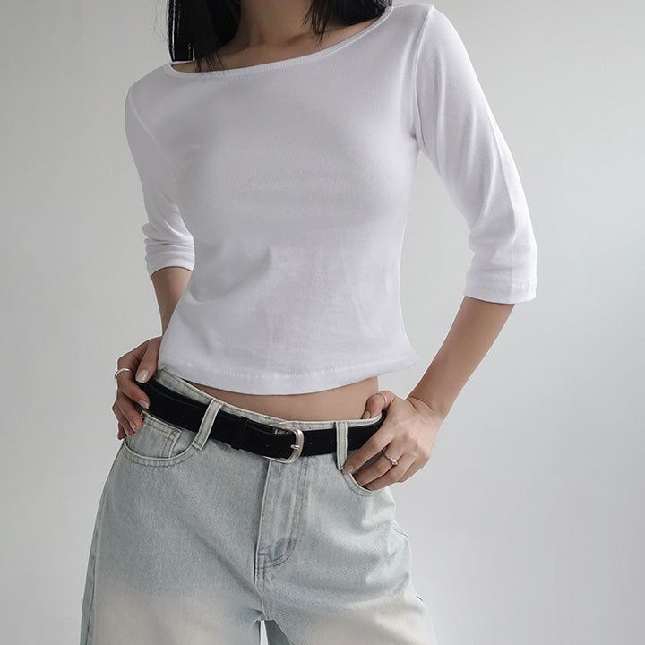  [Riabu] boat Neck Three-quarter sleeve cropped T-shirt - 4 color