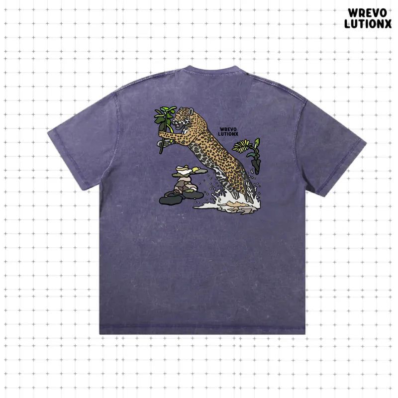 WREVOLUTIONX by WooLeeX（レボリューションエックス バイ ウーリーエックス）の「Rainforest Dark Purple Denim-Washed T-shirt (Jungle Cheetah)（Tops）」