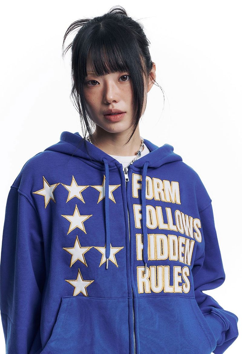 Star Lettering Patch Hoodie Zip-Up - Blue