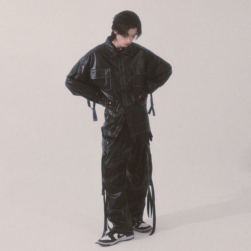 glossy strap shirt_black