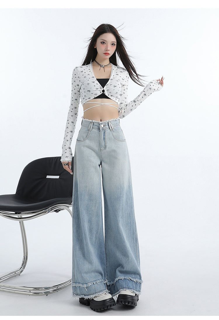 Gradient Blue Raw-Edge Wide-Leg Denim Pants