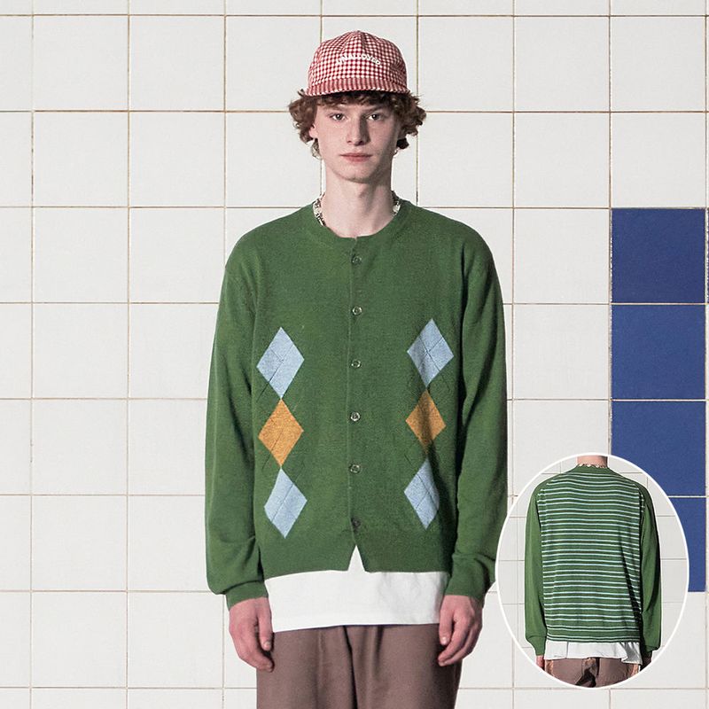 ARGYLE STRIPE CARDIGAN / GREEN