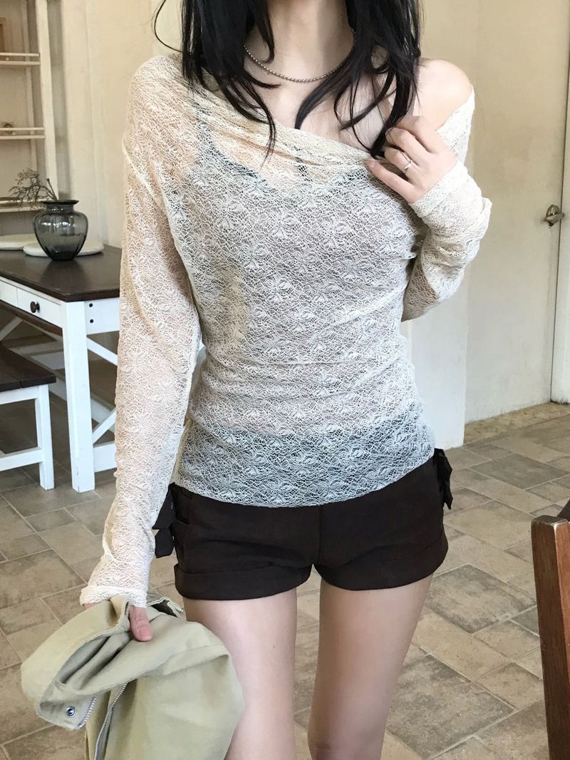 Sandmarine Drape See-through Lace Slim Tee&Sleeveless SET