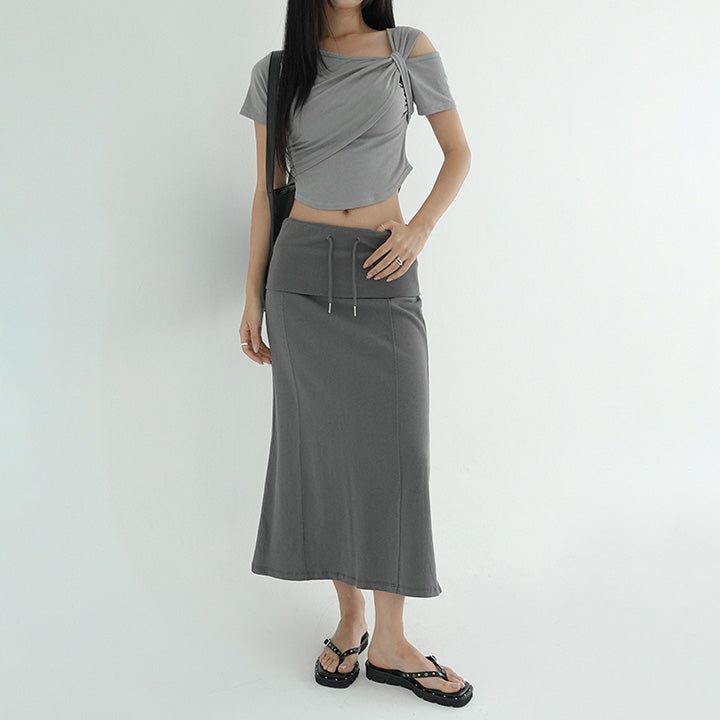 [Setina] Asymmetrical Twist Shirred Crop T-Shirt - 3 Colors