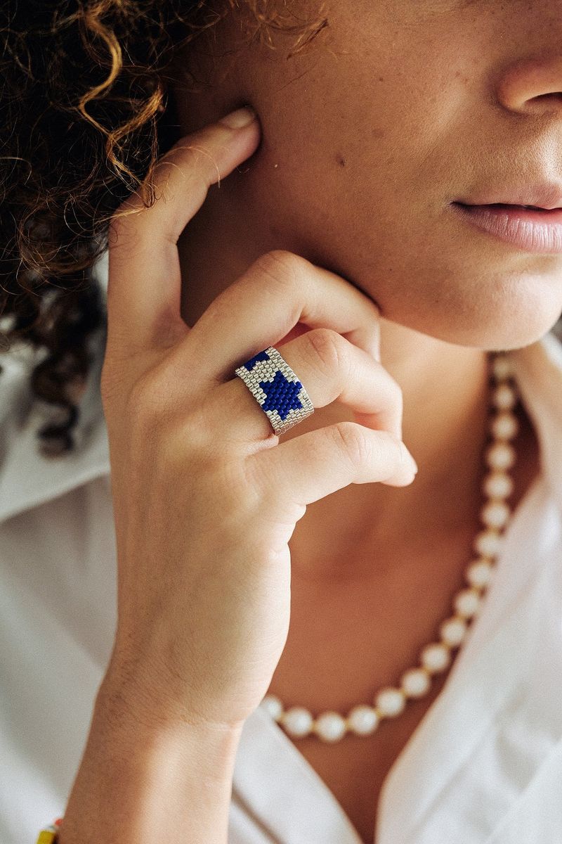 Blue Star Silver Beads Ring