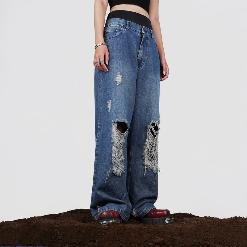 HIERARCHY STUDIOS ENE - Washed Blue Ripped Baggy Denim Jeans