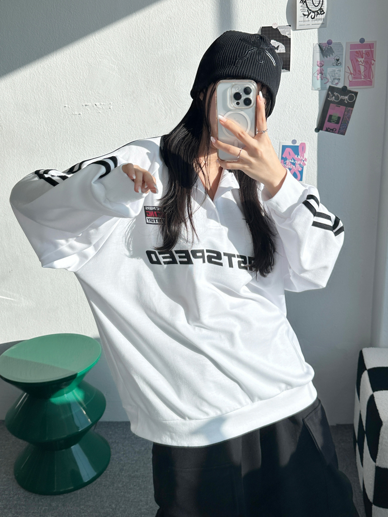 RAGLAN THREE-STRIPE COLLAR SWEATSHIRT🖤🩶🤍 - 3 COLORS