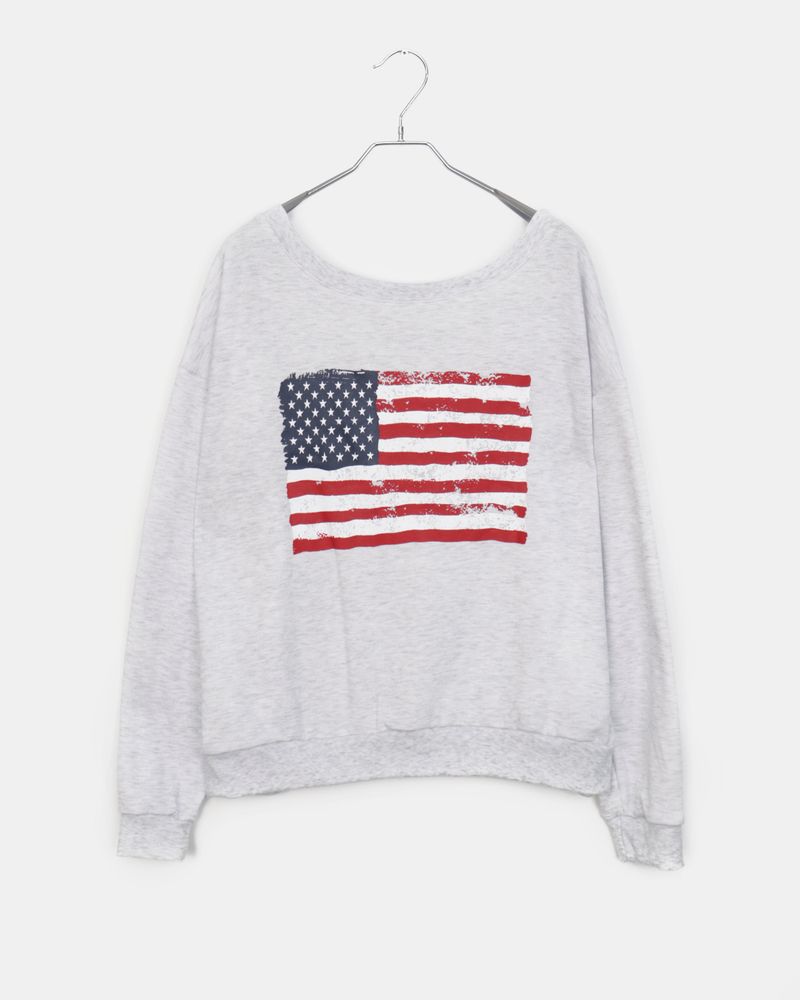 Murhit American Flag Printed One-Off Shoulder Long Sleeve Sweatshirt