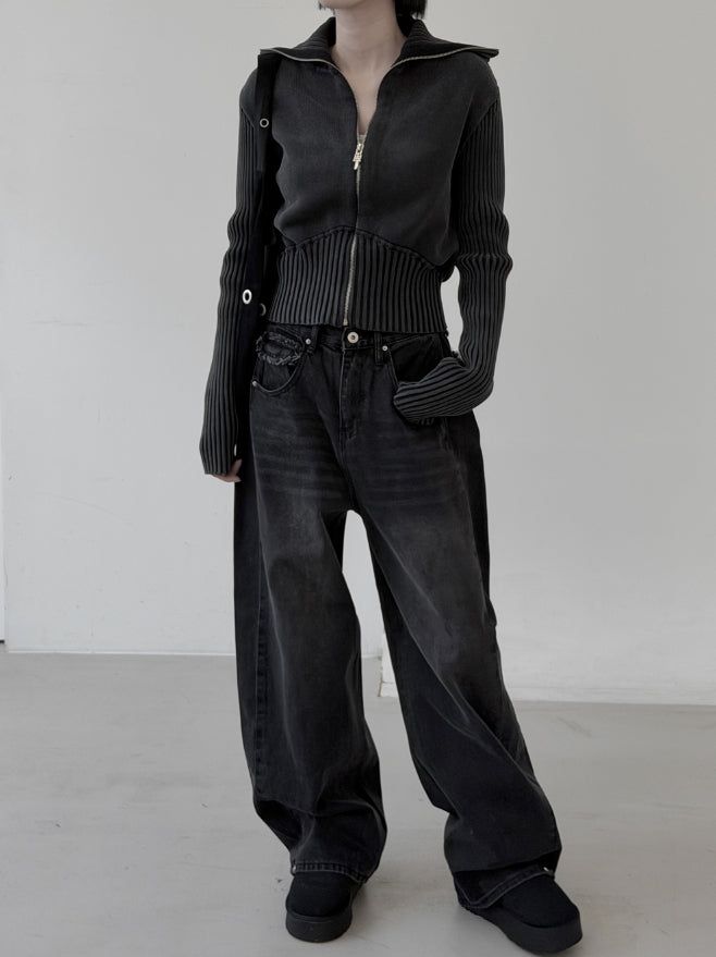 Hard high-neck washed knit zip-up