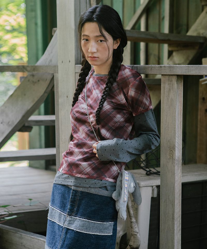 SHEER CHECK LAYERED LS TEE BURGUNDY(CV2GFFT557A)