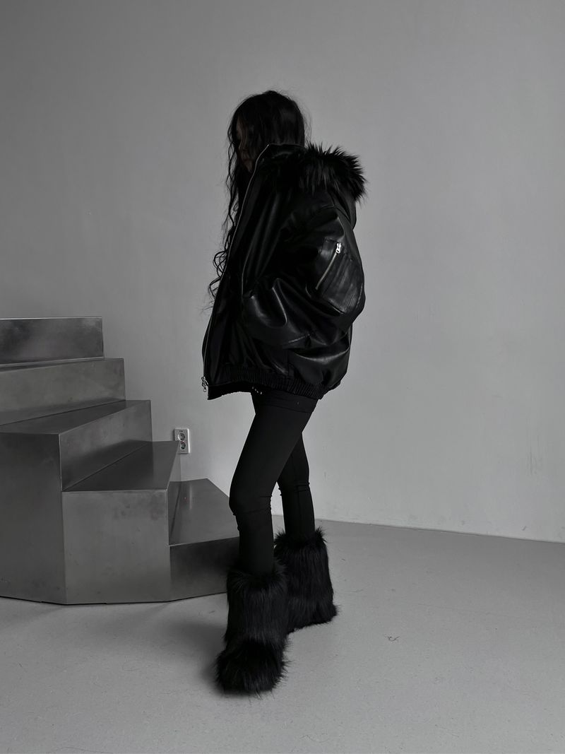 overfit fur hood leather jacket