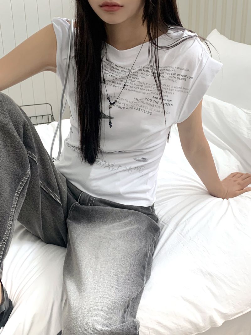 pebbled hip lettering unbalanced sleeve sleeveless