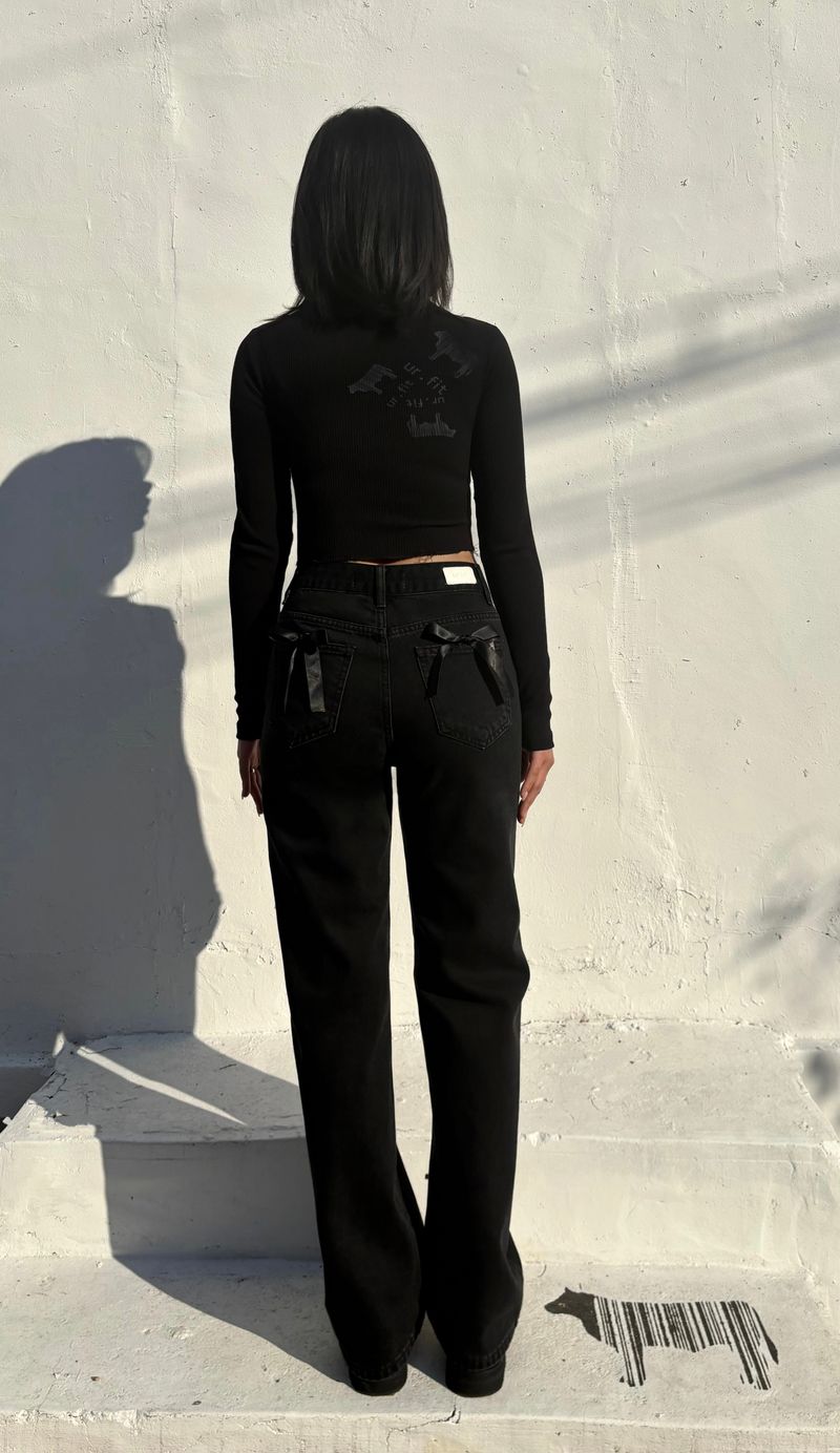 RIBBON SEMI-WIDE BLACK DENIM PANTS code 18318