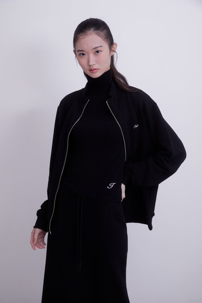 Lettering half neck two-way zip-up (BLACK)