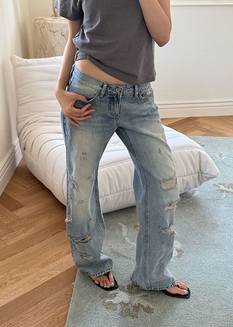DAMAGE STRAIGHT DENIM (S-L)
