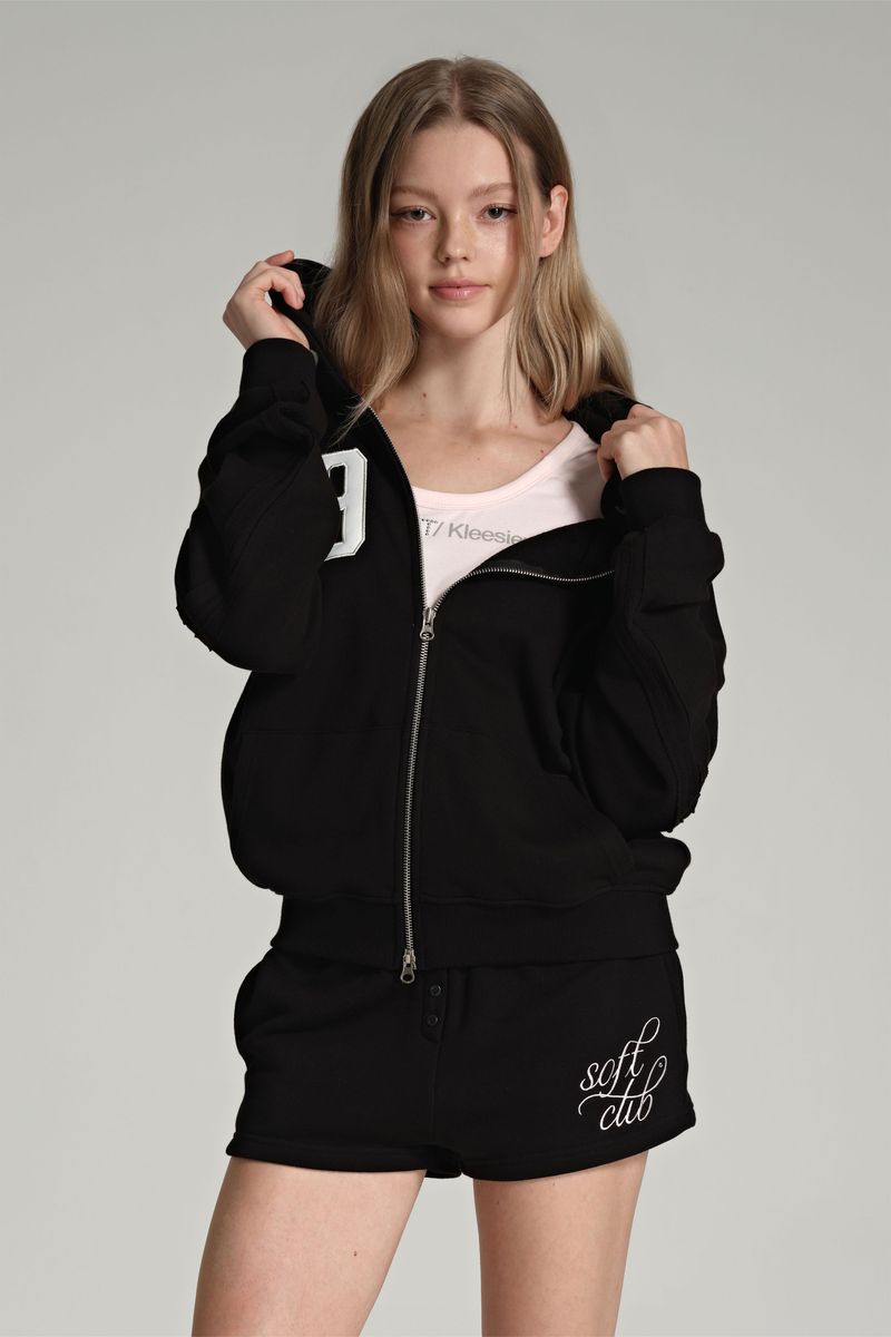 09 Numbering hooded zip-up, Black