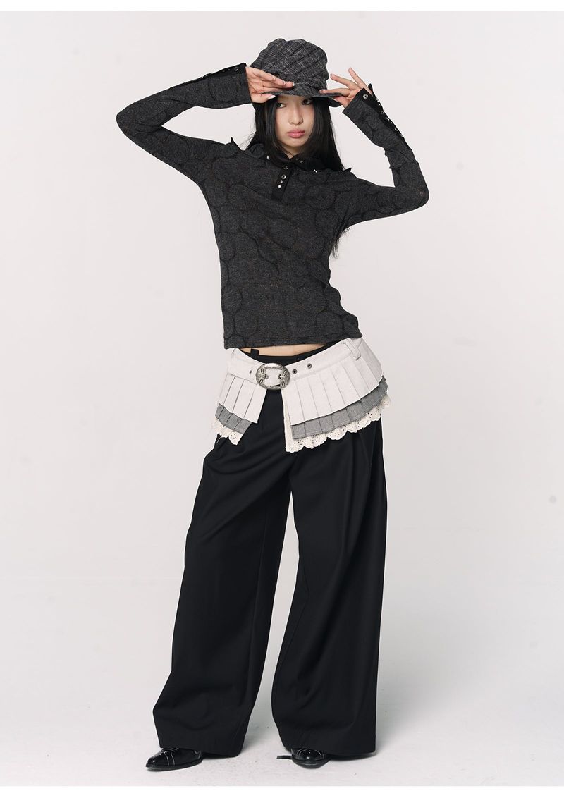 CONFUN Henry rivet patchwork lapel jacquard knitted slim top