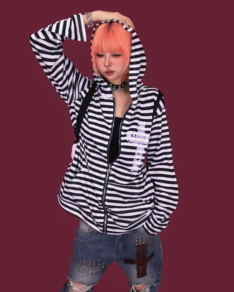 cross striped loose hood zip-up