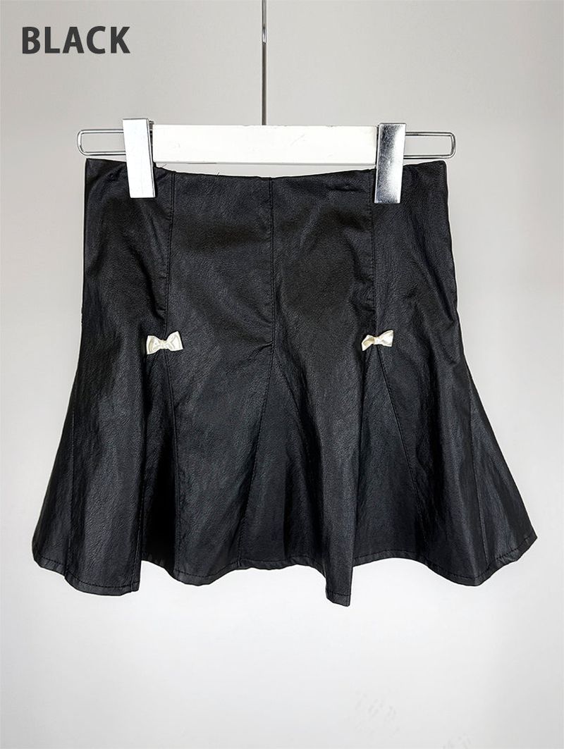 RIBBON FLARE LEATHER MINI SKIRT (2C)