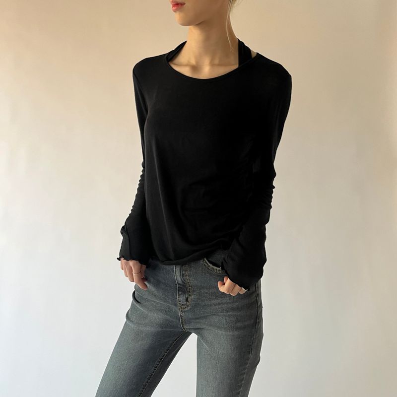 WAVE EDGE ROUND NECK BASIC TENCEL TOP / BLACK