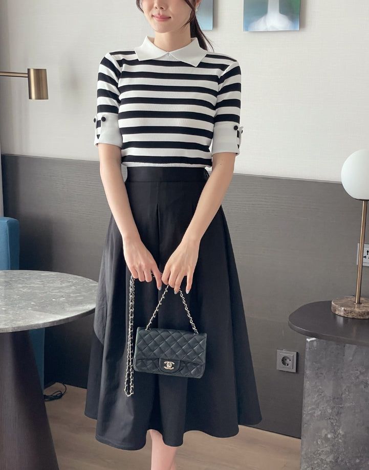 Ez Color Matching Button Short Sleeve Collar Knit