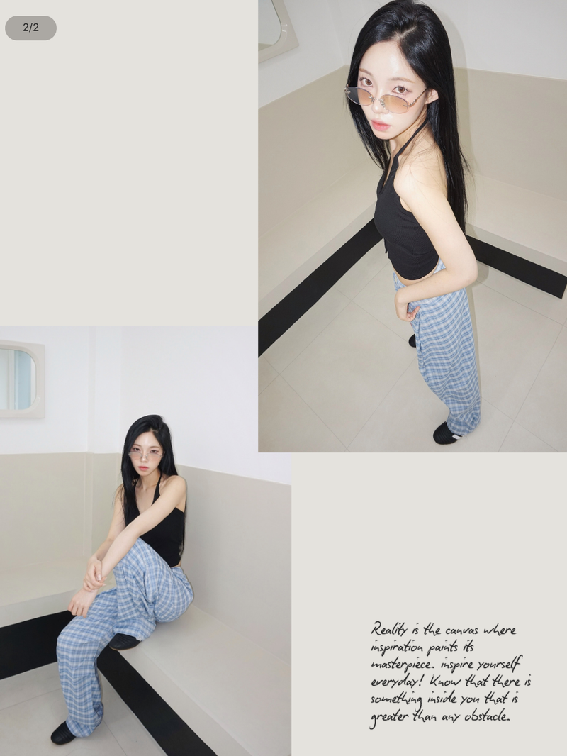 Blue checkered banding wide pants