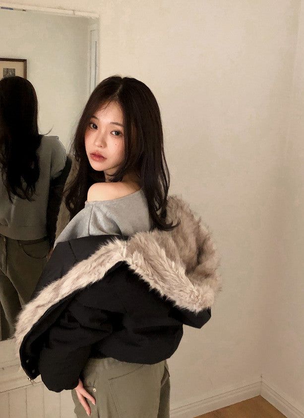 #Fur Hood Crop Zip-up Jumper (2color)