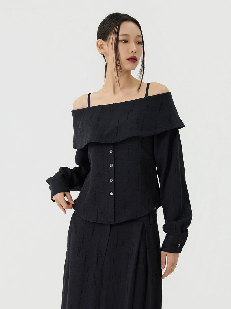Scratch Cape Off-Shoulder Belted Shirt, Black