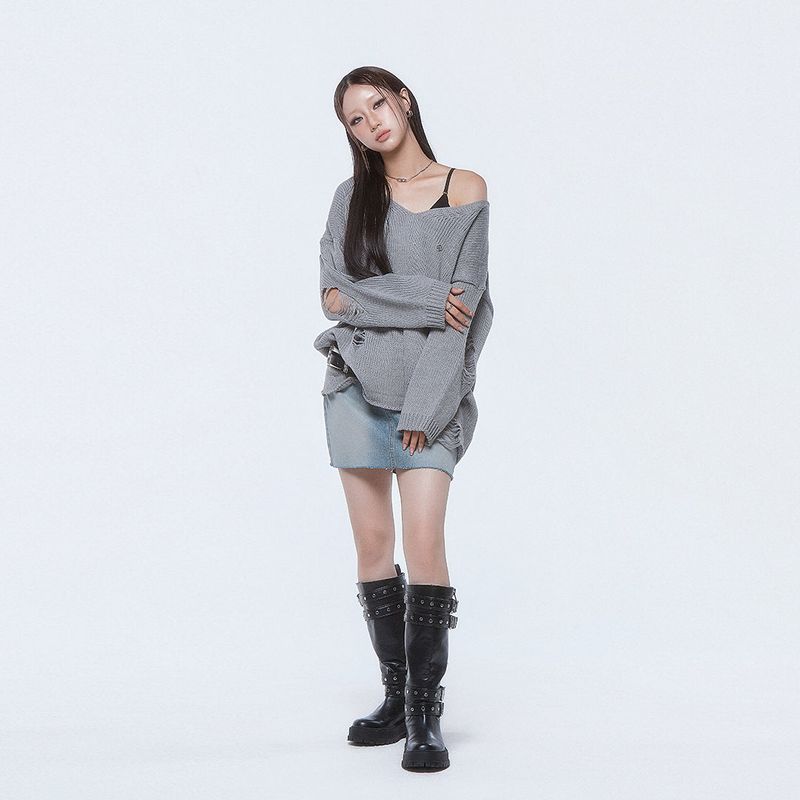 (DUC) Damaged Loose-Fit Knit Gray